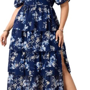 SCOMCHIC Womens Plus Size Maxi Dress Wedding Guest Cocktail Evening Party Elegant Short Sleeve Tiered Split Long Dresses