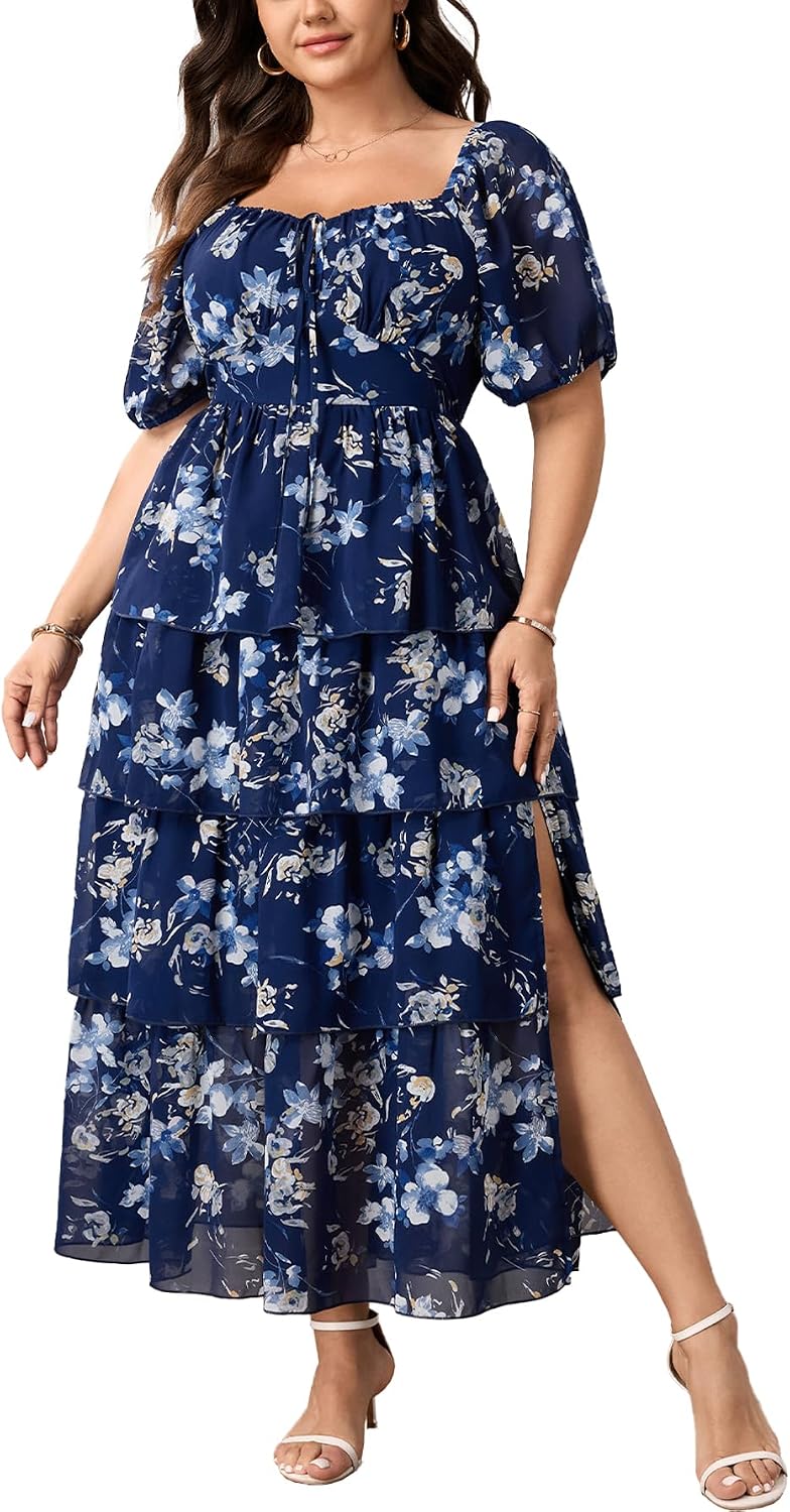SCOMCHIC Womens Plus Size Maxi Dress Wedding Guest Cocktail Evening Party Elegant Short Sleeve Tiered Split Long Dresses