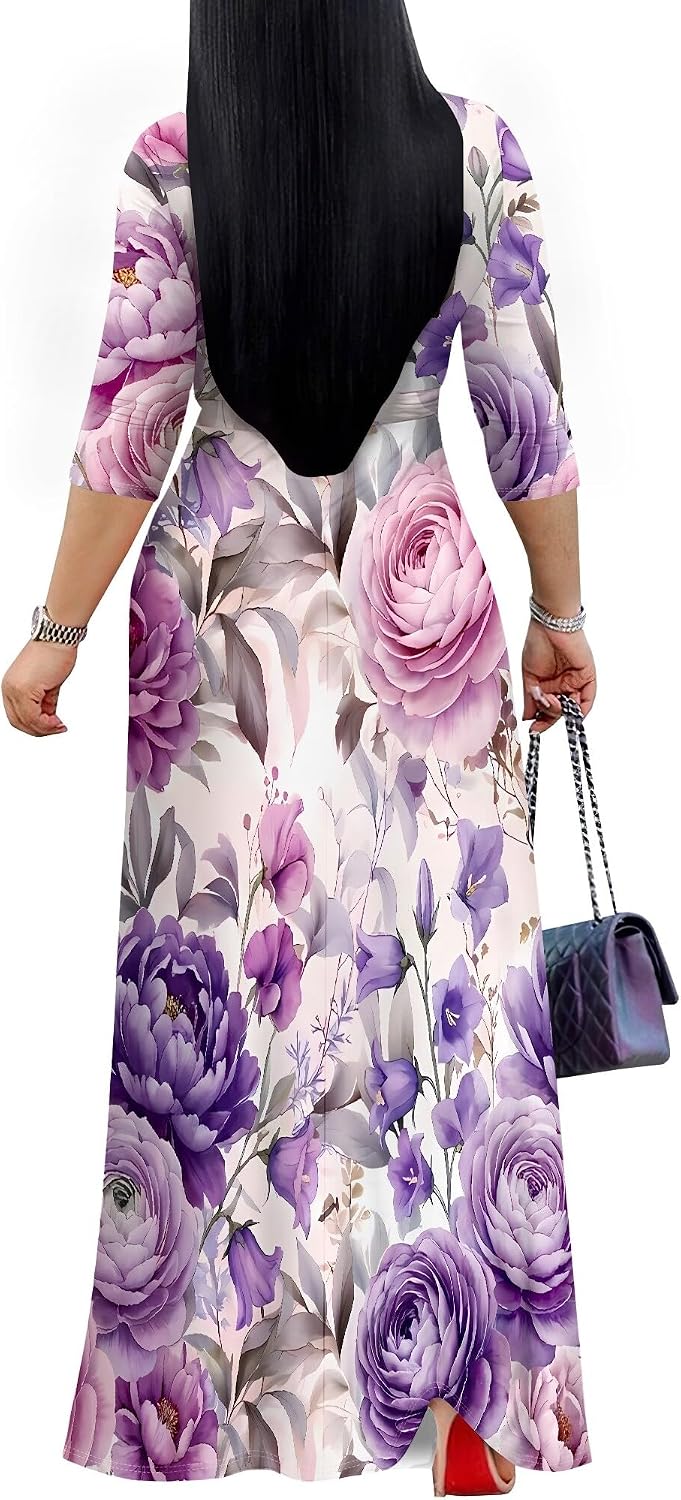 SUZONANA Plus Size Dresses for Women Floral Print Maxi Dress Flowy 3/4 Sleeve with Belt - Image 4