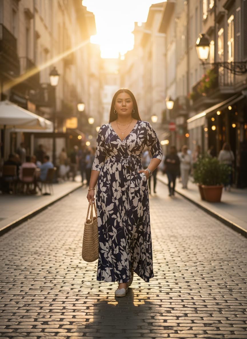 Yajedo Womens Casual Summer Maxi Dress Plus Size Sexy Warp V Neck 3/4 Sleeve Sundress with Poctets - Image 4
