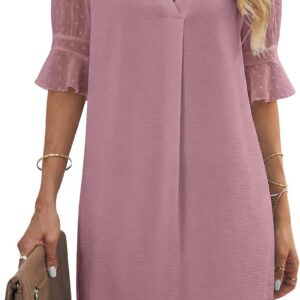 KISSMODA Women Summer Casual Dress Ruffle Sleeve V Neck Shift Shirt Dresses