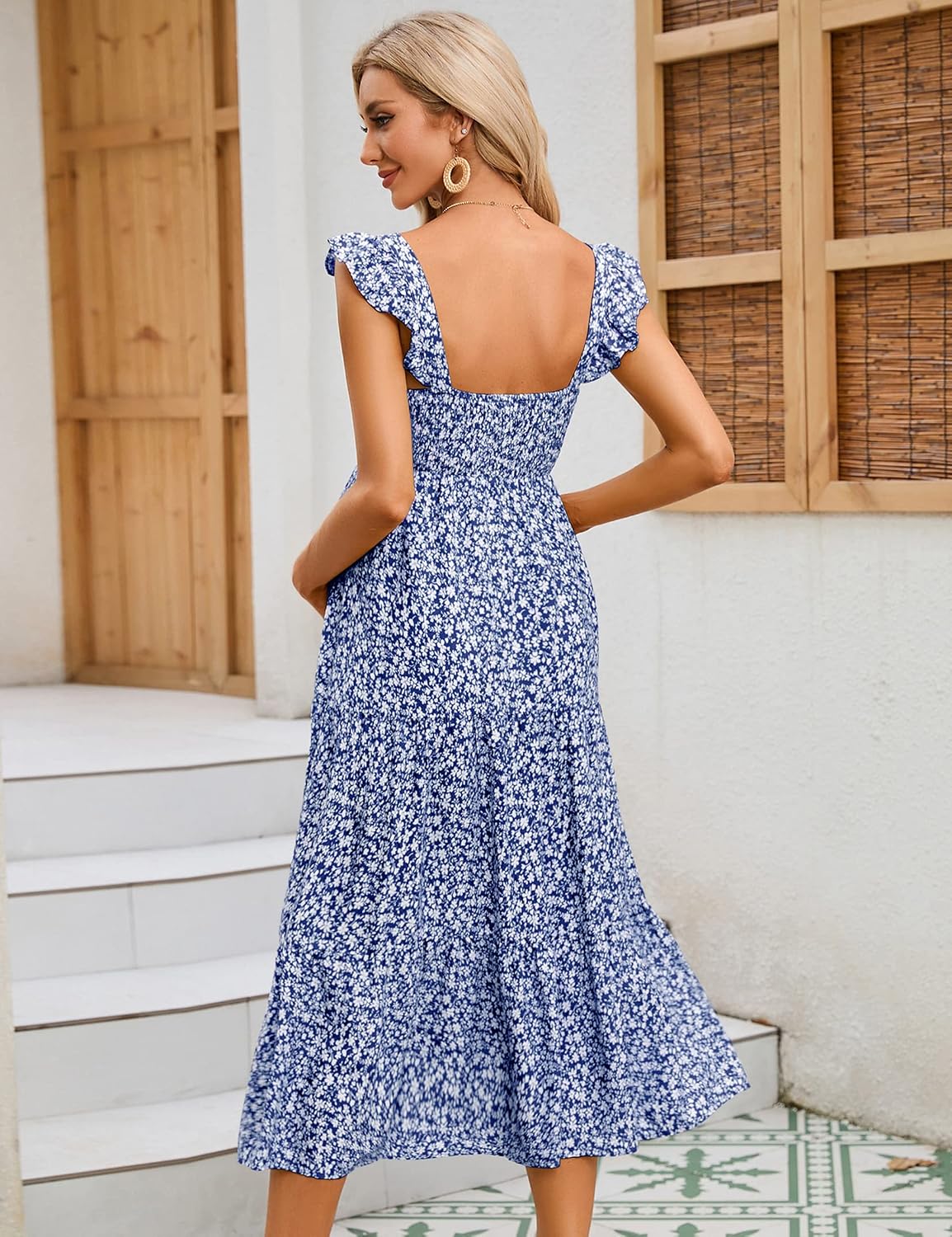 Maternity Dress Square Neck Ruffle Strap Smocked High Waist Midi Casual Summer Baby Shower Dress - Image 3