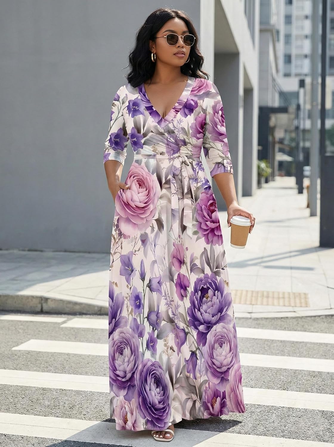 SUZONANA Plus Size Dresses for Women Floral Print Maxi Dress Flowy 3/4 Sleeve with Belt - Image 6