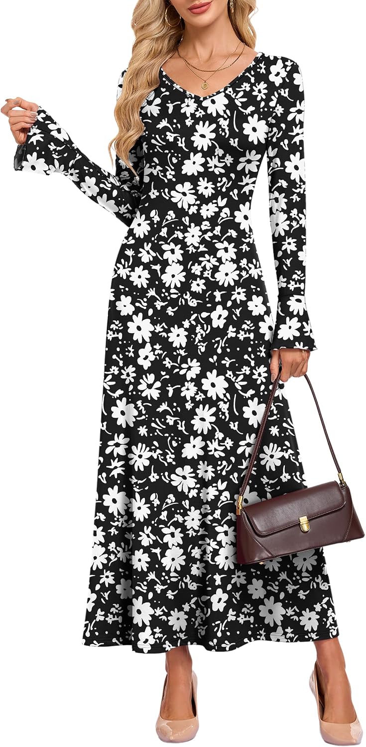 AUSELILY Women's Maxi Dress Bodycon Elegant Petal Long Sleeve V Neck A-Line - Image 2