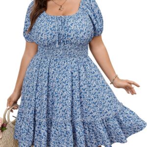 SCOMCHIC Womens Plus Size Summer Dresses Square Neck Short Sleeve Floral Boho Casual A Line Ruffle Cute Mini Short Dress