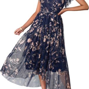 Simplee Womens Summer Floral Maxi Dress 2026 Short Sleeve V Neck Belted Mesh Hem Split Flowy Beach Wedding Guest Dresses
