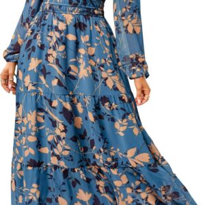 Simplee Women’s Floral Boho Long Sleeve Maxi Dress V Neck Empire Waist Swing Flowy Wedding Guest Dress