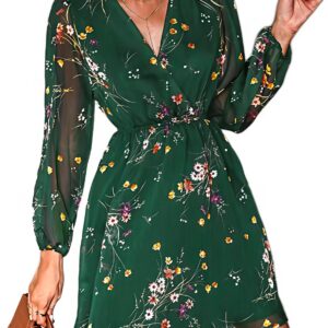 Falafoty Women’s Floral A Line Casual Dress, V Neck Chiffon Long Sleeve Flared Flowy Mini Dress, Elastic Waist Bohemian Midi Dress Beach Vacation Dress