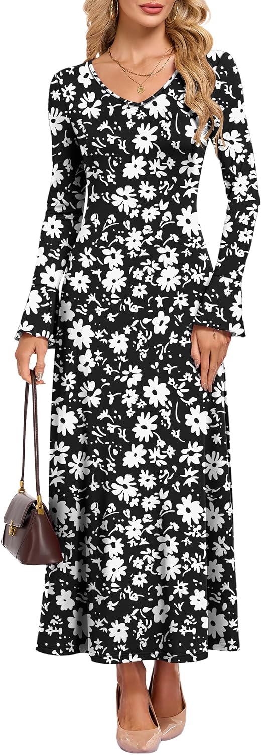 AUSELILY Women's Maxi Dress Bodycon Elegant Petal Long Sleeve V Neck A-Line