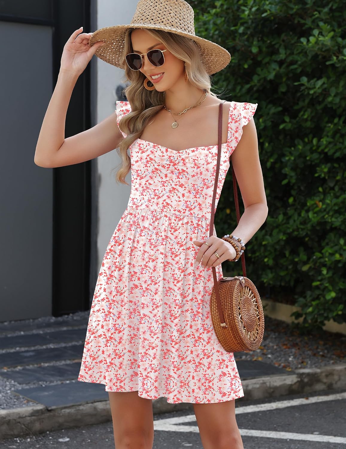Gleeneat Womens Casual Mini Dresses Sweetheart Neckline Floral A Line Flowy Ruffle Sleeve Summer Boho Beach Sundress 2026 - Image 4
