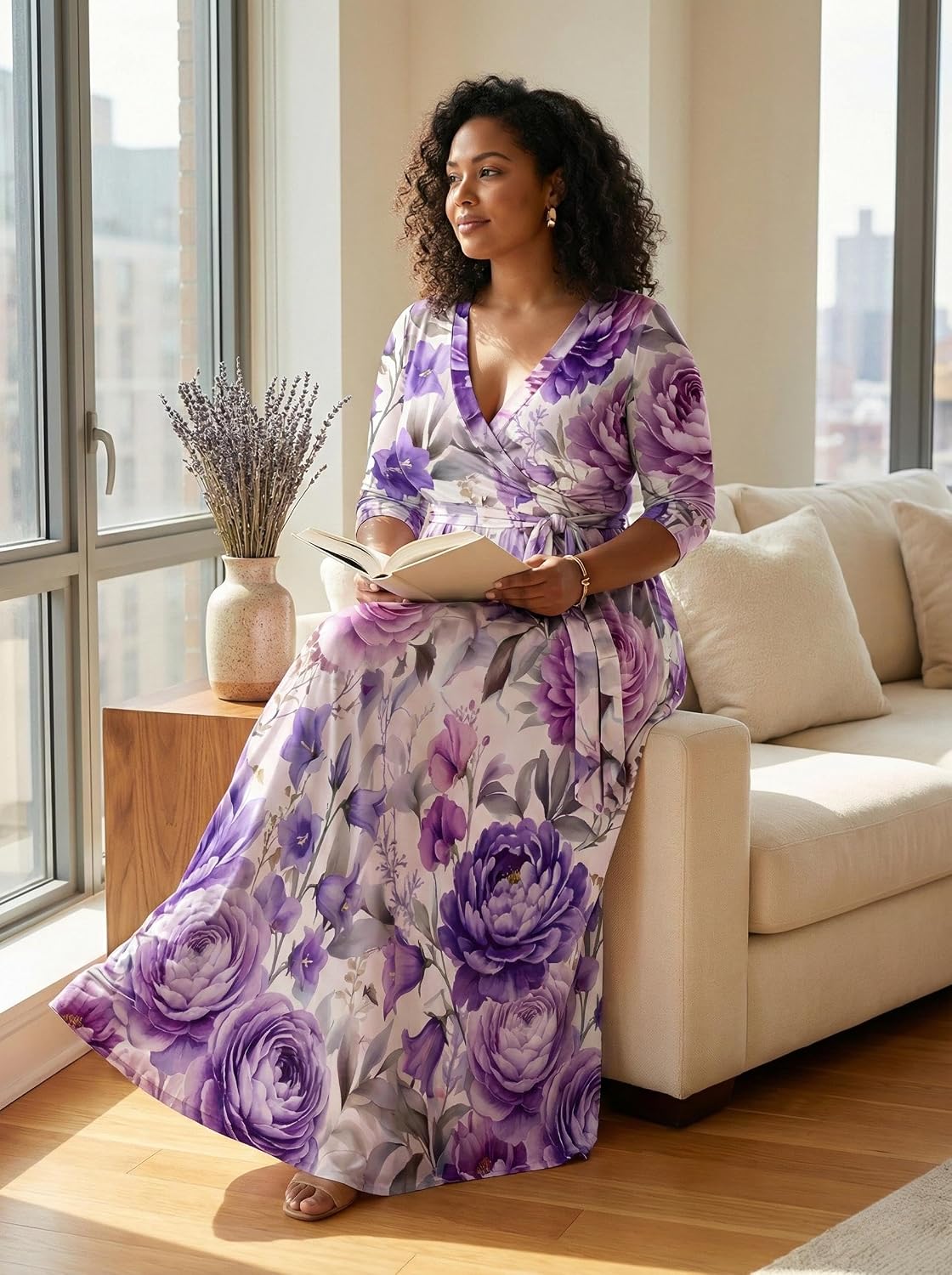 SUZONANA Plus Size Dresses for Women Floral Print Maxi Dress Flowy 3/4 Sleeve with Belt - Image 5