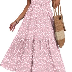 AUSELILY Summer Dresses for Women UK V Neck Maxi Dresses Ladies Ruffle Short Sleeve Swing Casual Long Beach Dress with Pockets