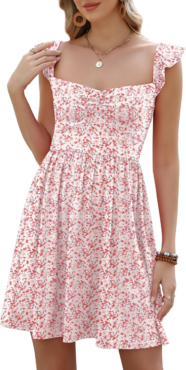 Gleeneat Womens Casual Mini Dresses Sweetheart Neckline Floral A Line Flowy Ruffle Sleeve Summer Boho Beach Sundress 2026