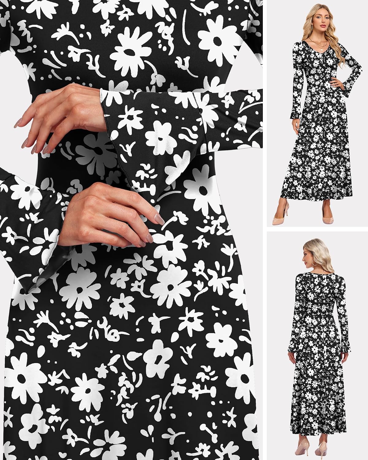 AUSELILY Women's Maxi Dress Bodycon Elegant Petal Long Sleeve V Neck A-Line - Image 4