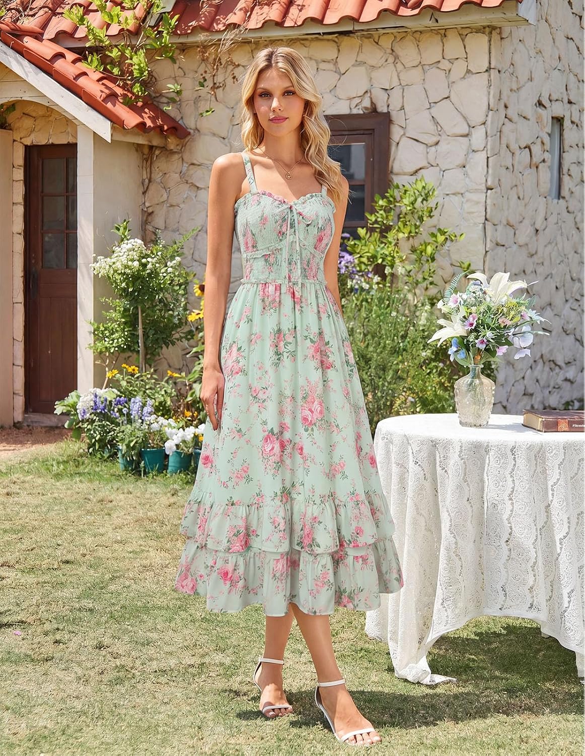Scarlet Darkness Women's Floral Cottagecore Dress Smocked A Line Casual Milkmaid Sundress with Pockets - Image 3