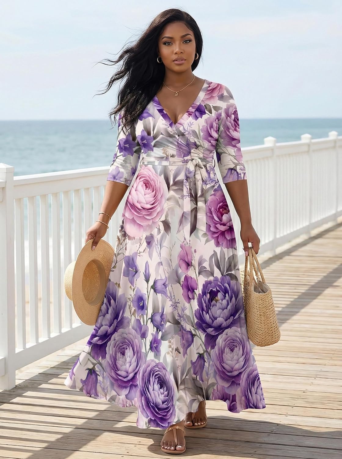 SUZONANA Plus Size Dresses for Women Floral Print Maxi Dress Flowy 3/4 Sleeve with Belt - Image 3