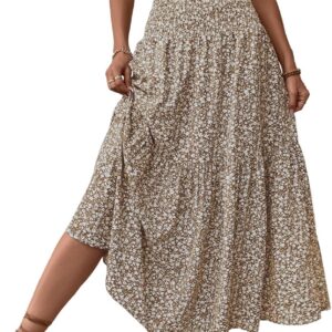 Summer Dresses for Women UK Ladies Floral Print Elastic Waist Relaxed A Line Skirt Patch Pockets Midi Casual Womens Boho Elasticated Loose A-Line Floral Patch Pocket Petite Holiday Beach