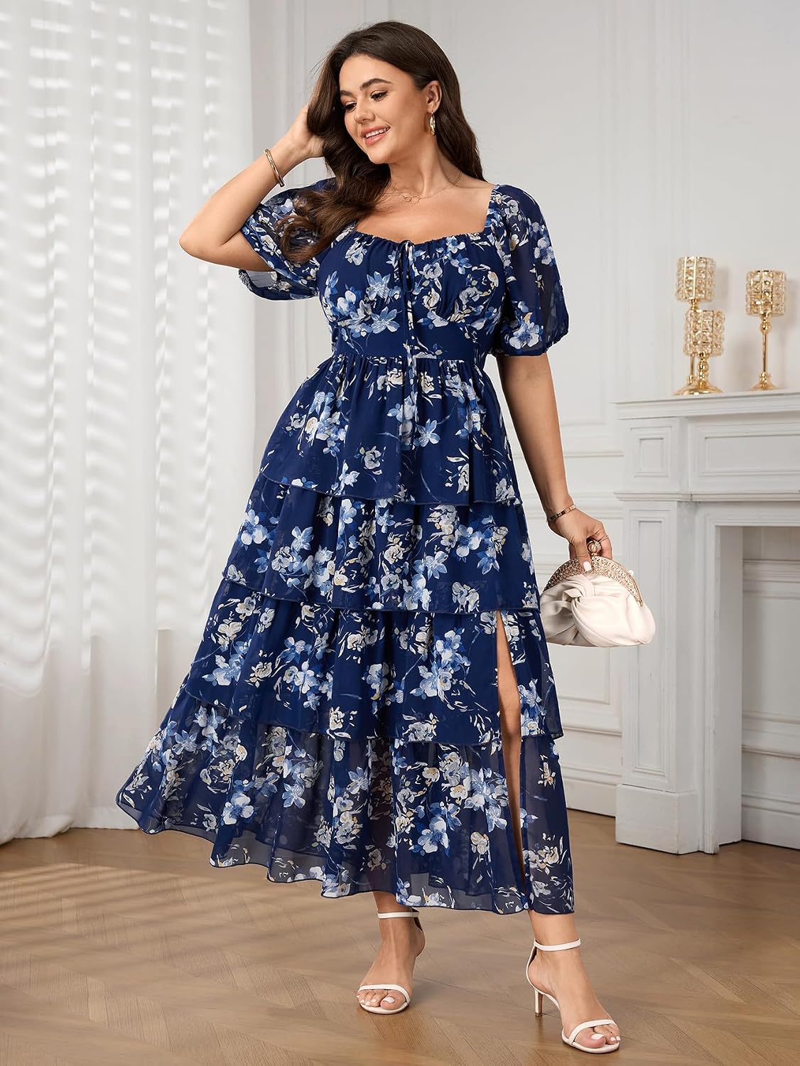 SCOMCHIC Womens Plus Size Maxi Dress Wedding Guest Cocktail Evening Party Elegant Short Sleeve Tiered Split Long Dresses - Image 3
