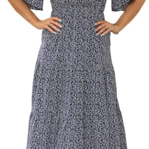Plus Size Women Summer Casual Boho Floral Tiered Midi Dress with Pocket Short Sleeve V Neck