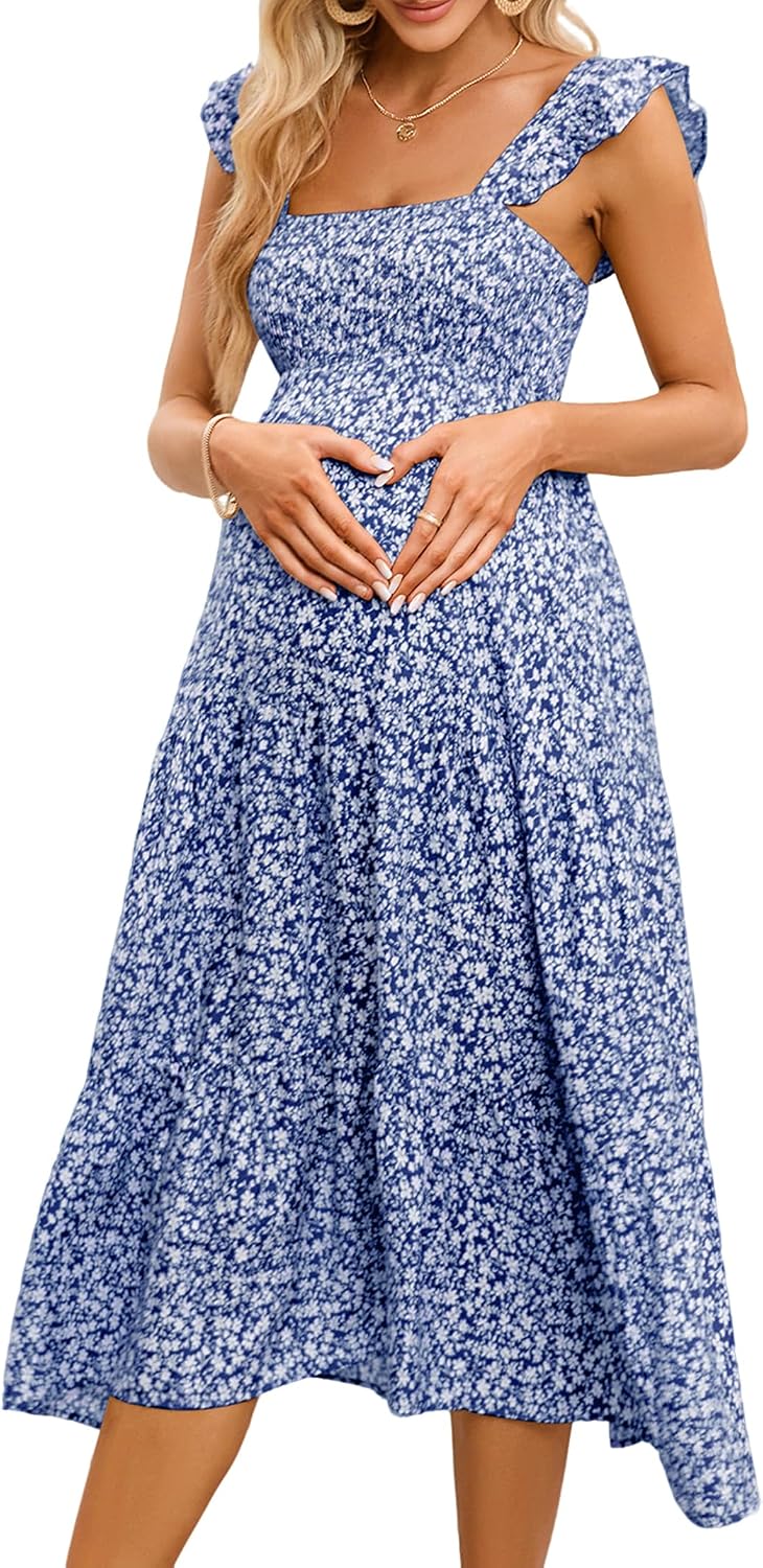 Maternity Dress Square Neck Ruffle Strap Smocked High Waist Midi Casual Summer Baby Shower Dress