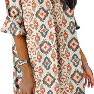 KISSMODA Womens Ruffle Half Sleeve Dress V Neck Summer Casual Shift Dresses Trendy Loose Classic Work Shirt Dress
