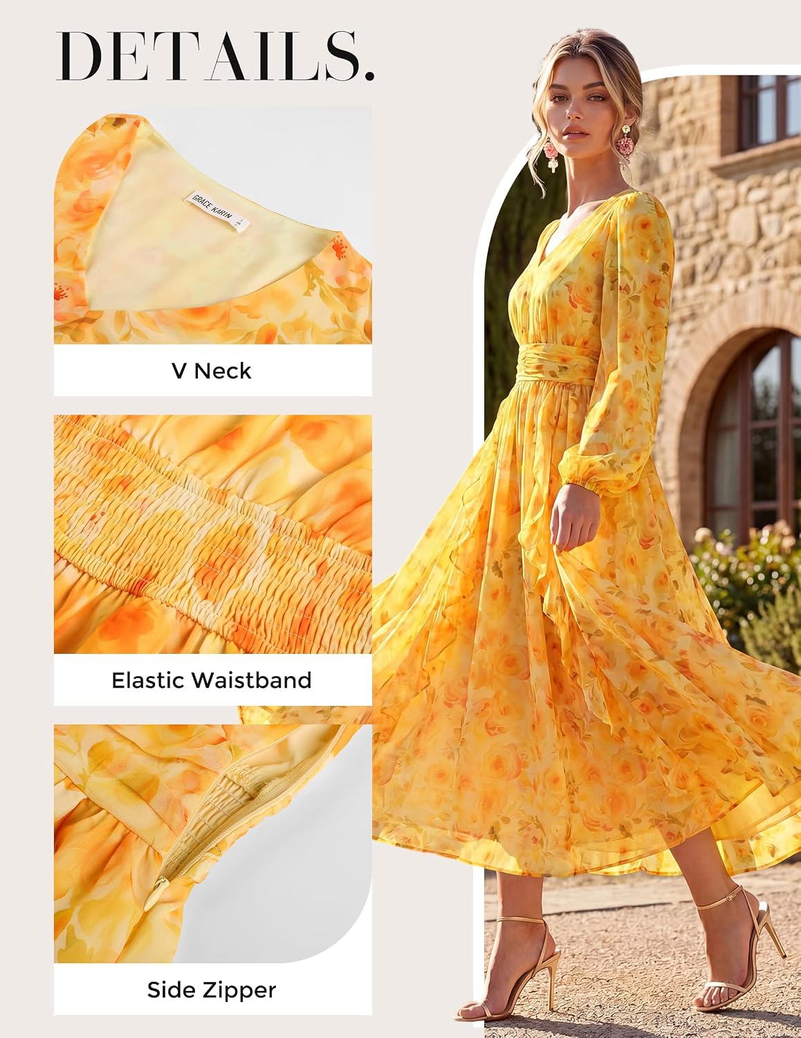 GRACE KARIN Women's Long Sleeve A-Line Ruffles Floral Dress with Pockets - Image 4