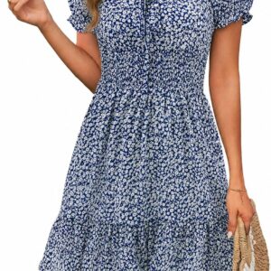 Heysolo Womens Boho Floral Smocked Square Neck Short Sleeve Ruffle Beach Summer Mini Dress