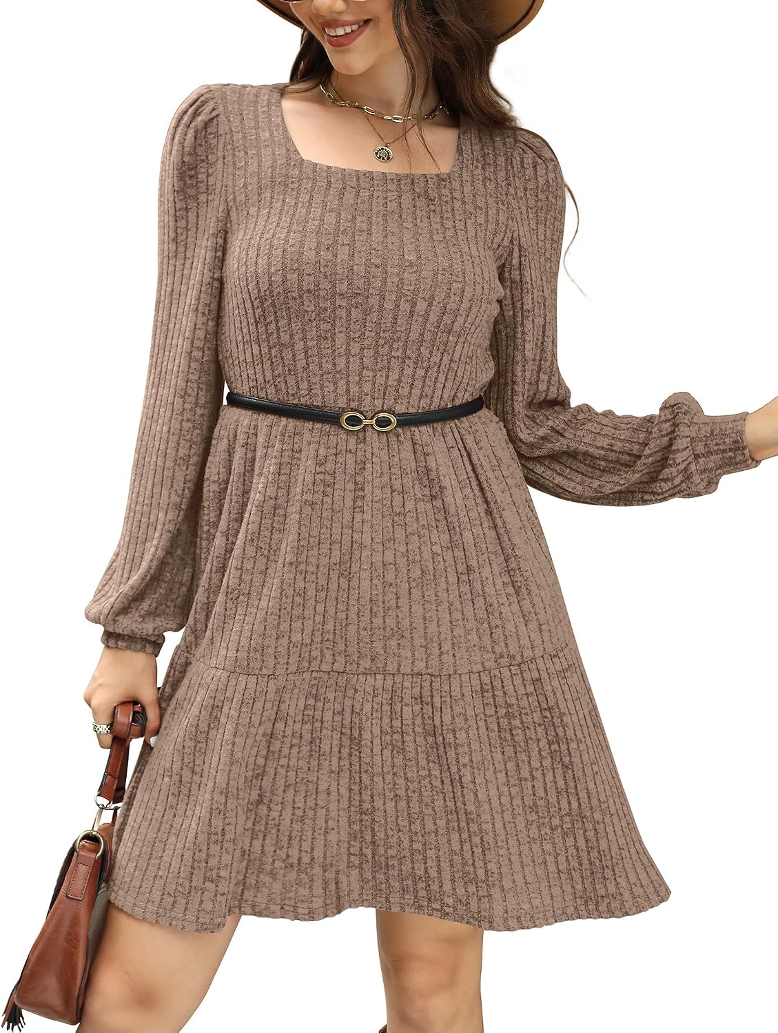 Sampeel Womens Square Neck Long Sleeve Fall Dresses Casual Babydoll Sweater Dress - Image 4