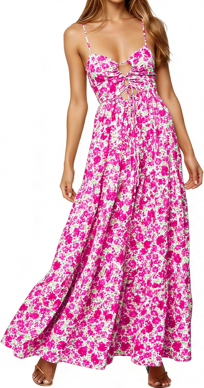 Womens Summer Floral Spaghetti Strap Backless Low Cut Smocked Milkmaid Flowy Beach Sundresses - Image 2