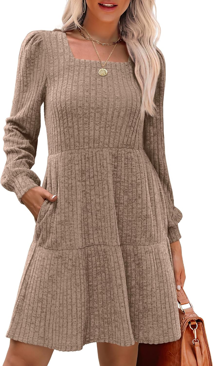 Sampeel Womens Square Neck Long Sleeve Fall Dresses Casual Babydoll Sweater Dress - Image 2