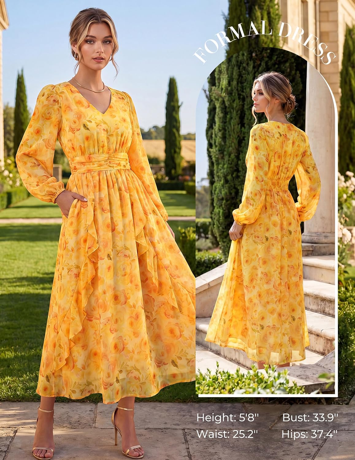 GRACE KARIN Women's Long Sleeve A-Line Ruffles Floral Dress with Pockets - Image 3