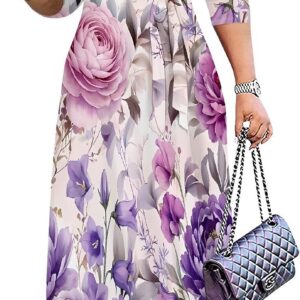 SUZONANA Plus Size Dresses for Women Floral Print Maxi Dress Flowy 3/4 Sleeve with Belt
