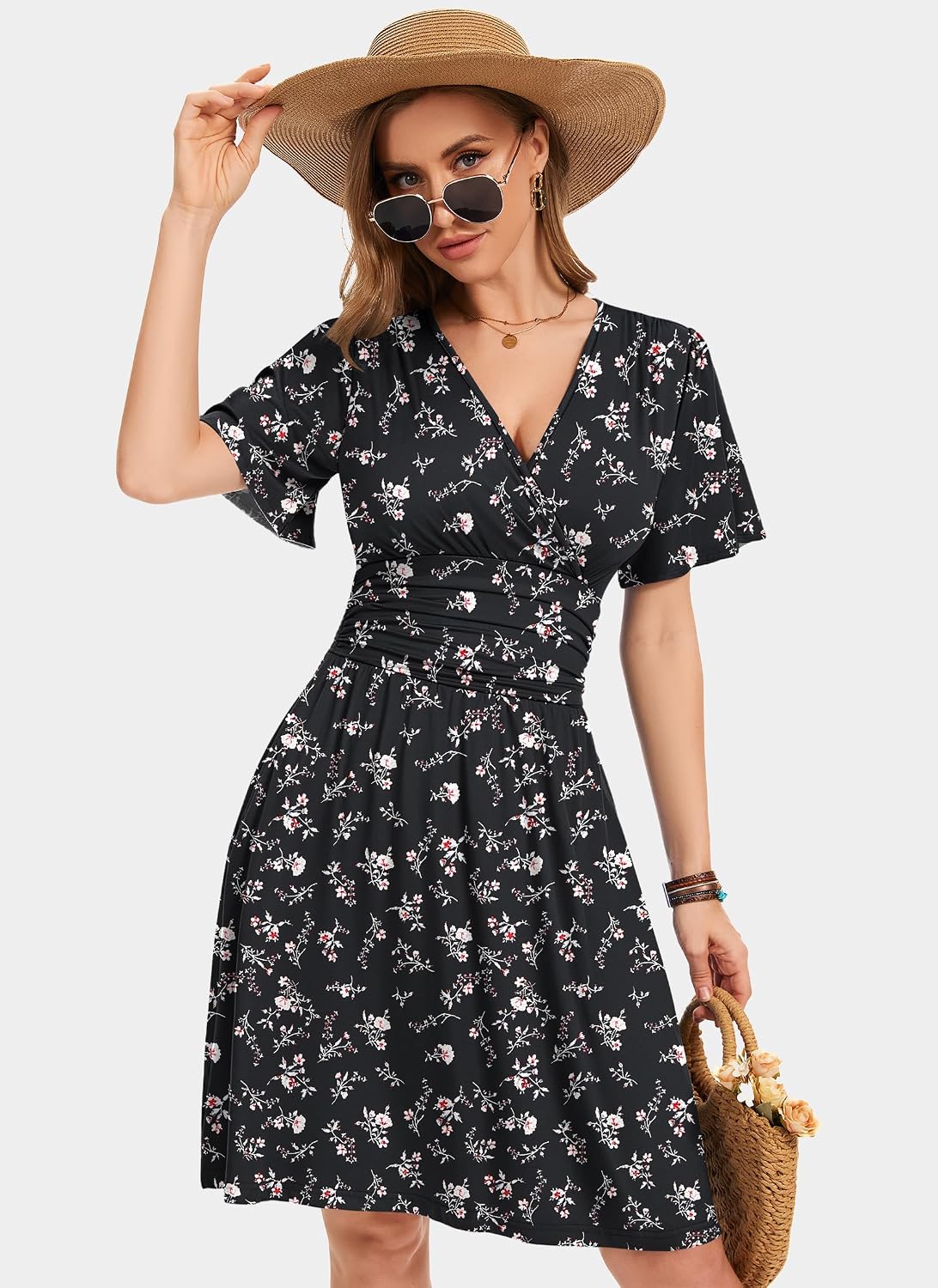 WNEEDU Womens Summer Dresses Wrap Waist V Neck Elegant - Image 3