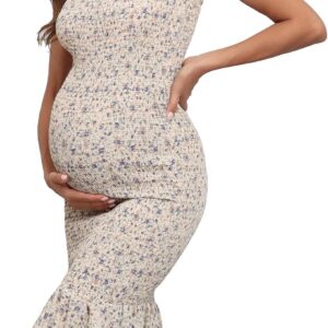 Summer Tank Maternity Dress Sleeveless Strappy Floral Midi Bodycon Square Neck Ruffle Mermaid Smocked Dress for Baby Shower