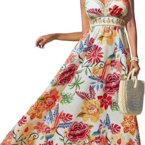 CUPSHE Women’s Summer Dresses Casual Spring V Neck Sleeveless Floral Beach Vacation Long Spaghetti Strap Flowy Maxi Dress