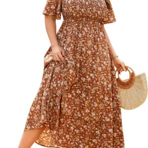 RWJ Women’s Plus Size Summer Dresses Short Sleeve Smocked Boho Maxi Dress