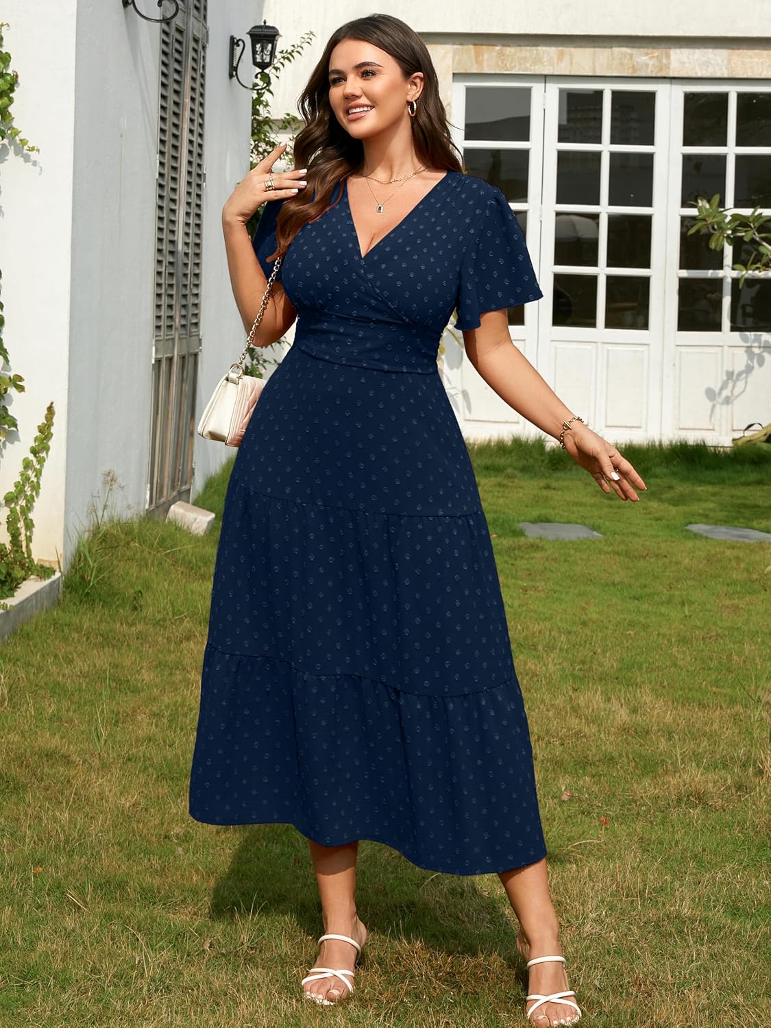 RWJ Women's Plus Size Wrap V Neck Dress Summer Short Sleeve Swiss Dot Empire Waist Casual Holiday Wedding Maxi Dresses - Image 5