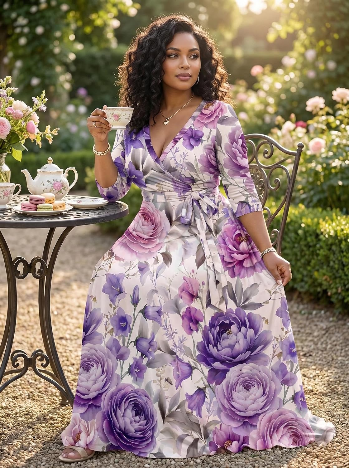 SUZONANA Plus Size Dresses for Women Floral Print Maxi Dress Flowy 3/4 Sleeve with Belt - Image 7