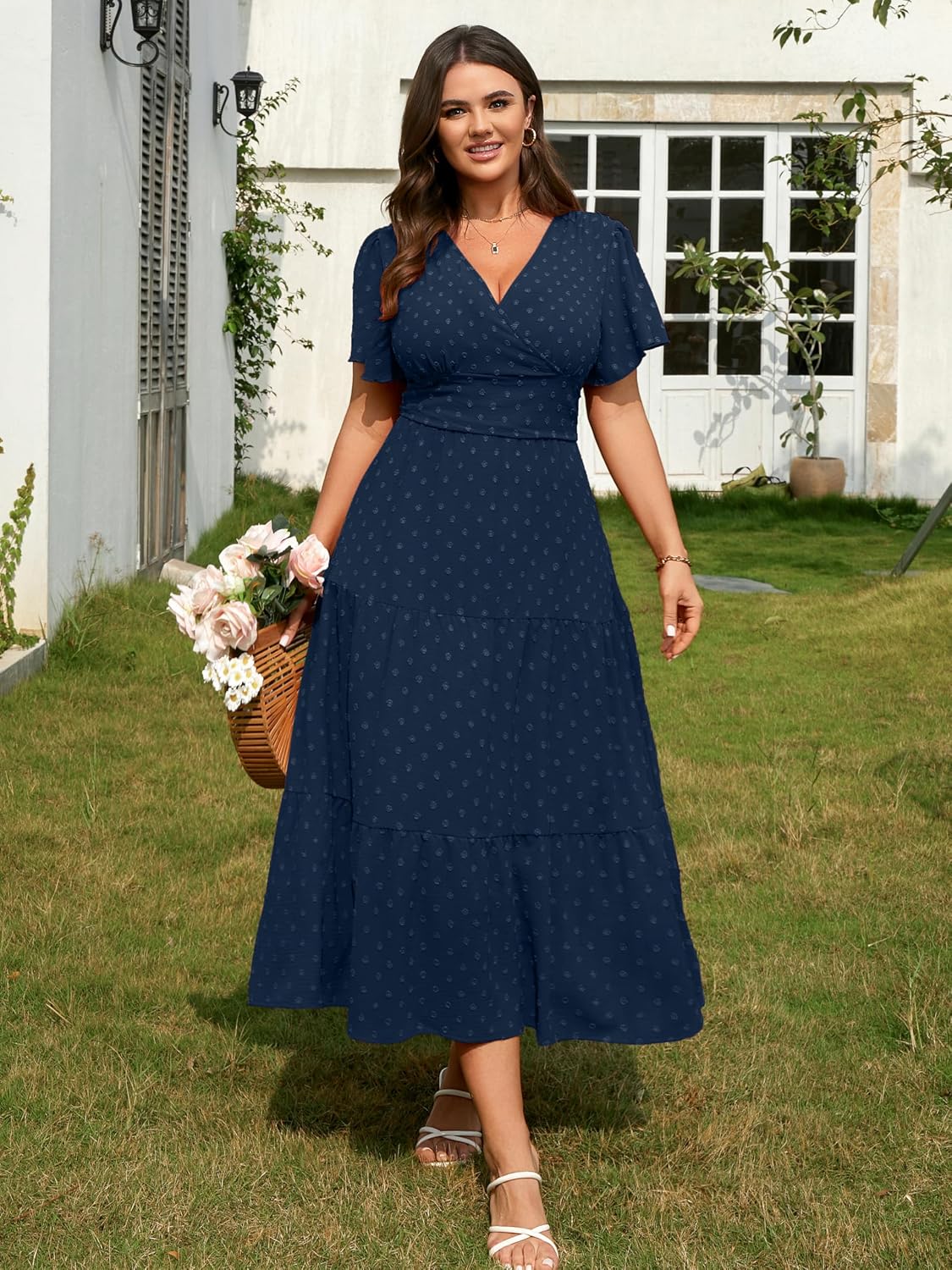 RWJ Women's Plus Size Wrap V Neck Dress Summer Short Sleeve Swiss Dot Empire Waist Casual Holiday Wedding Maxi Dresses - Image 3