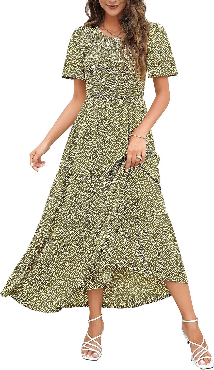 Maggeer Womens 2025 Summer Fall Smocked Wedding Guest Maxi Dress Casual Short Sleeve Floral Boho Flowy Long Dress