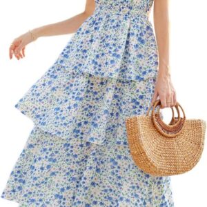 GRACE KARIN Women Floral A-Line Swing Casual Party Long Dresses V Neck Short Flutter Sleeve Smocked Tiered Dress
