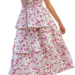 GRACE KARIN Women Floral A-Line Swing Casual Party Long Dresses V Neck Short Flutter Sleeve Smocked Tiered Dress