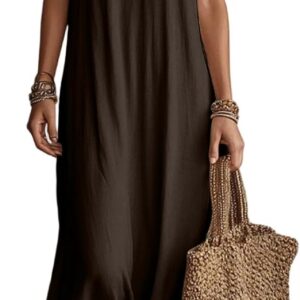 Linen Midi Dresses for Women UK Sleeveless Solid Color Boho Sundress V Neck Flowy Beach Maxi Dress