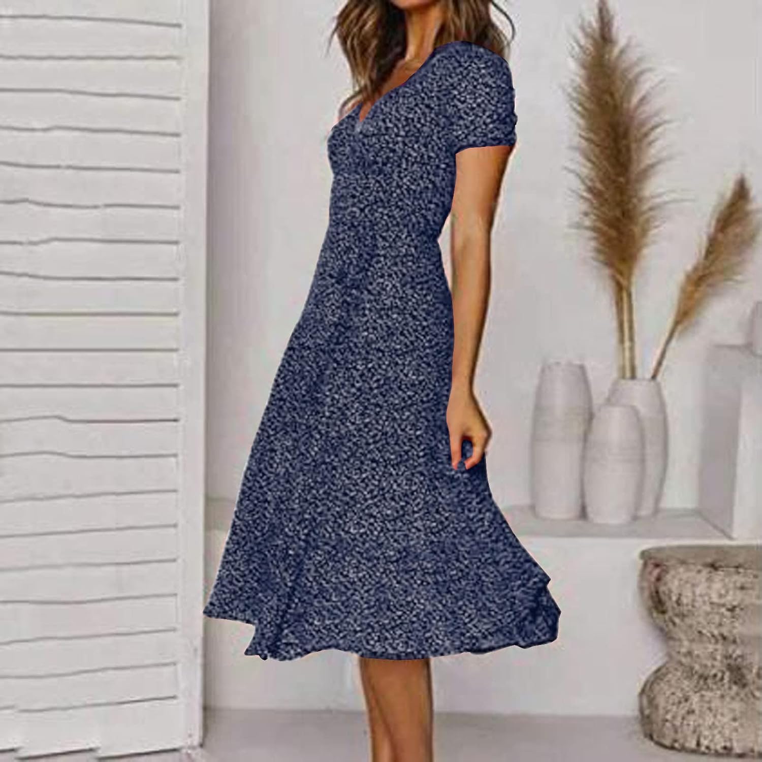 Women's Boho Dresses Summer UK Sale Clearance Loose Casual Midi Tunic Dress Floral Polka Dots Print V Neck Short Sleeve T Shirt Ruffle Dresses - Image 3