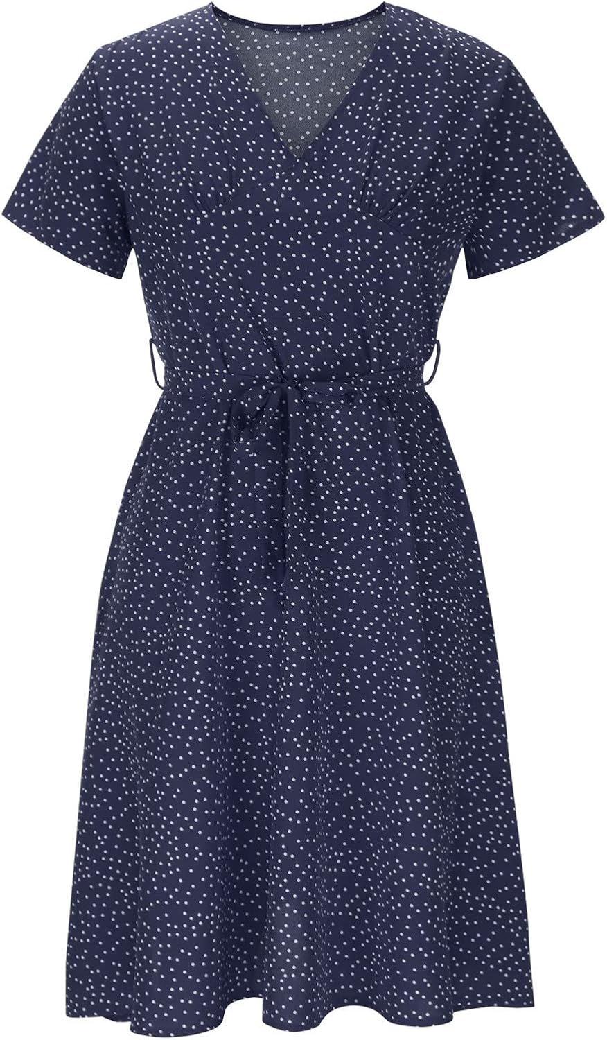 Women's Boho Dresses Summer UK Sale Clearance Loose Casual Midi Tunic Dress Floral Polka Dots Print V Neck Short Sleeve T Shirt Ruffle Dresses - Image 4