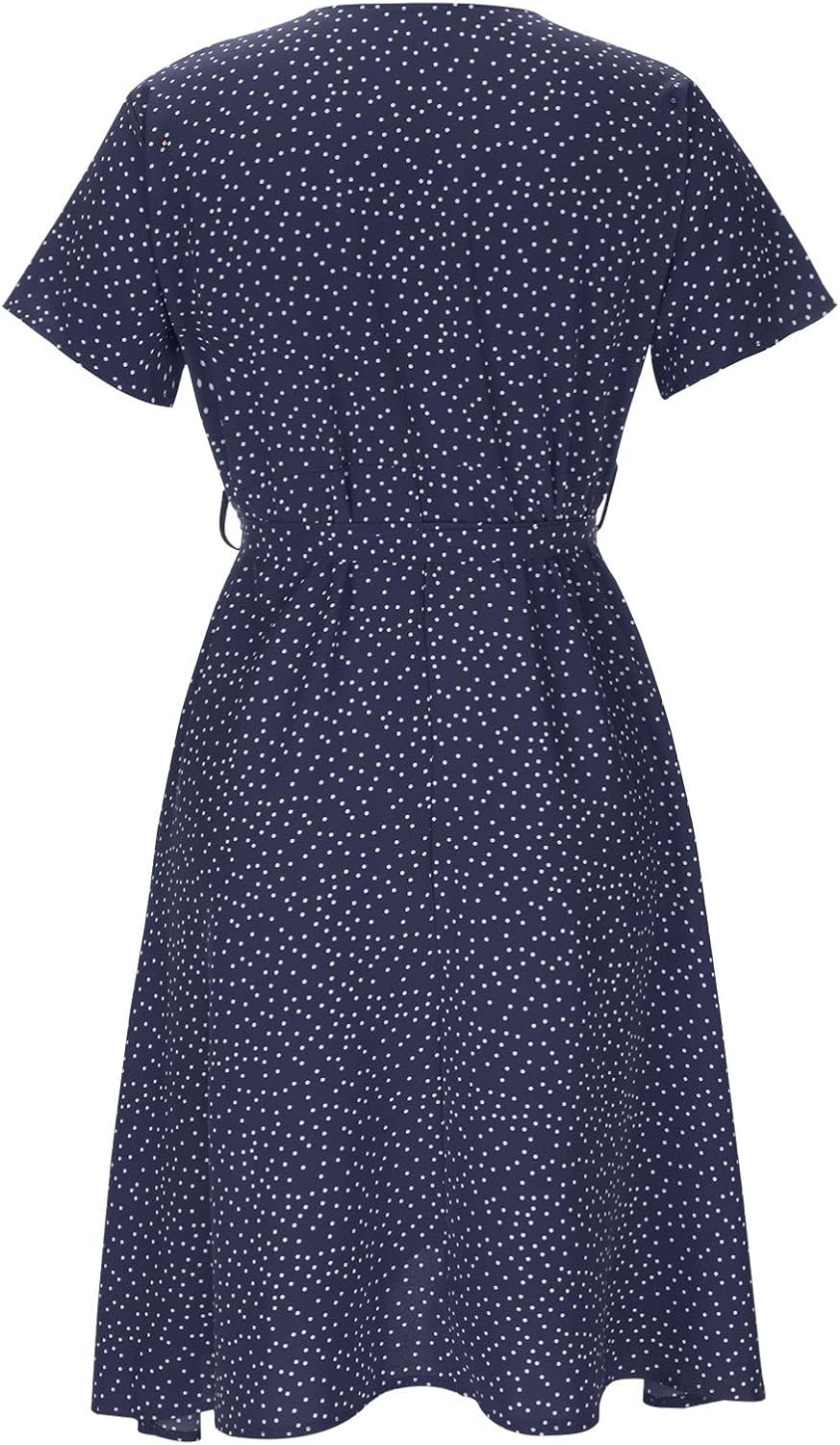 Women's Boho Dresses Summer UK Sale Clearance Loose Casual Midi Tunic Dress Floral Polka Dots Print V Neck Short Sleeve T Shirt Ruffle Dresses - Image 5
