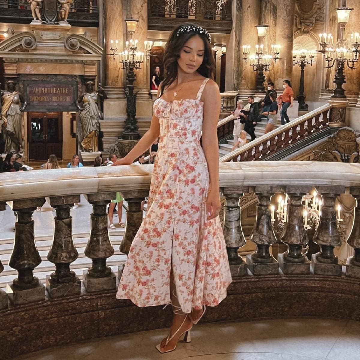 ABEHIK Women Elegant Floral Dress for Holiday Spaghetti Strap Wedding Guest Dresses for Lady Casual Spring Summer Beach Sun Dress - Image 5