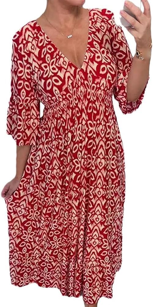 GuyAna V-Neck Floral Dress,Women's Plus-Size Super Fairy V-Neck Floral Dress Beach Holiday Beach Skirt Long Skirt