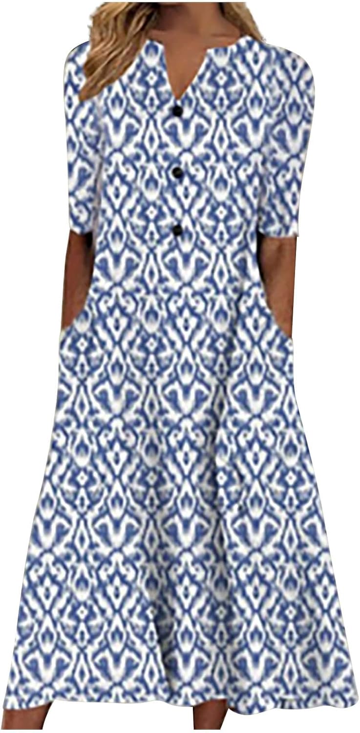 Midi Dresses for Women UK Short Sleeve V Neck Button Floral Dress Summer Casual Loose Fit Long Dresses with Pockets Comfy Lounge T Shirts Dress Beach Holiday Elegant Sundress Sale Clearance