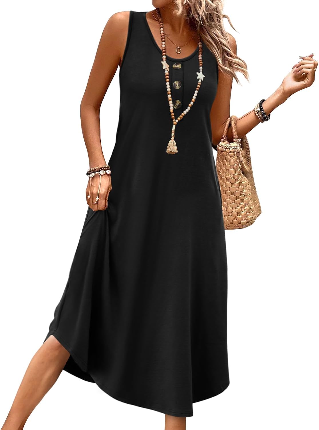 WIHOLL Summer Dresses for Women UK Ladies Sleeveless Dress Womens Button Front Beach Sundresses with Pockets Midi Length Dresses